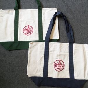 Trader Joe's blue & green large canvas tote bags bundle BNWT